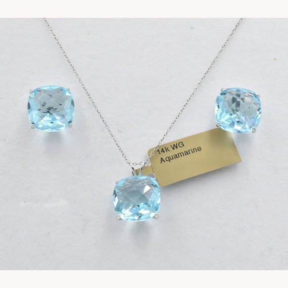 Checkerboard 20.78 Cts Aquamarine Earrings & Pendant Set 14k White Gold